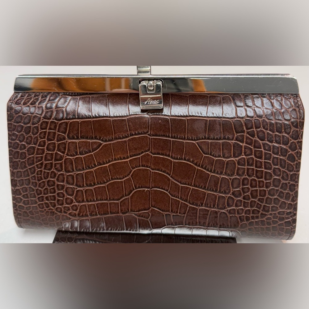 Abas Crocodile Embossed Brown Leather Clutch Wallet Purse Organizer